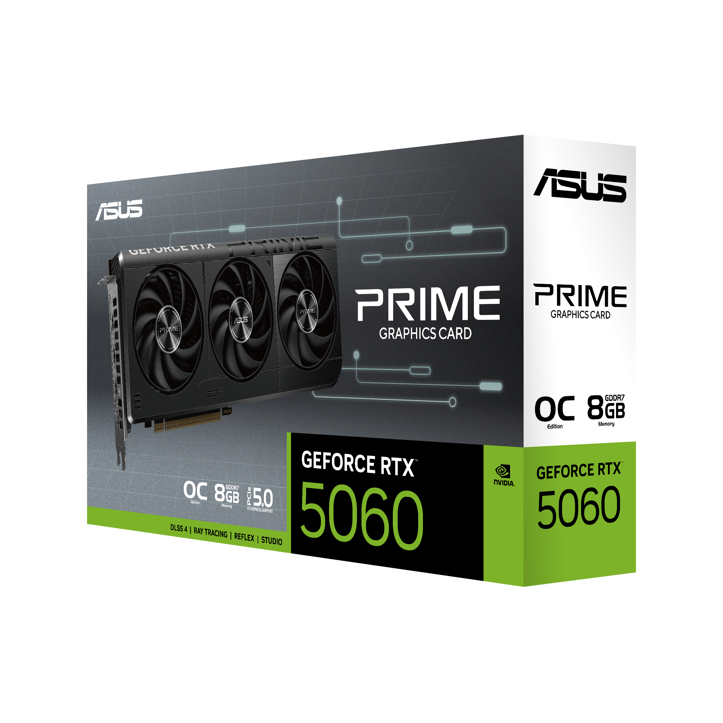 Schachtel einer ASUS GeForce RTX 5060 Grafikkarte. Enthält das Kartenmodell, das ASUS-Logo und NVIDIA-Branding.