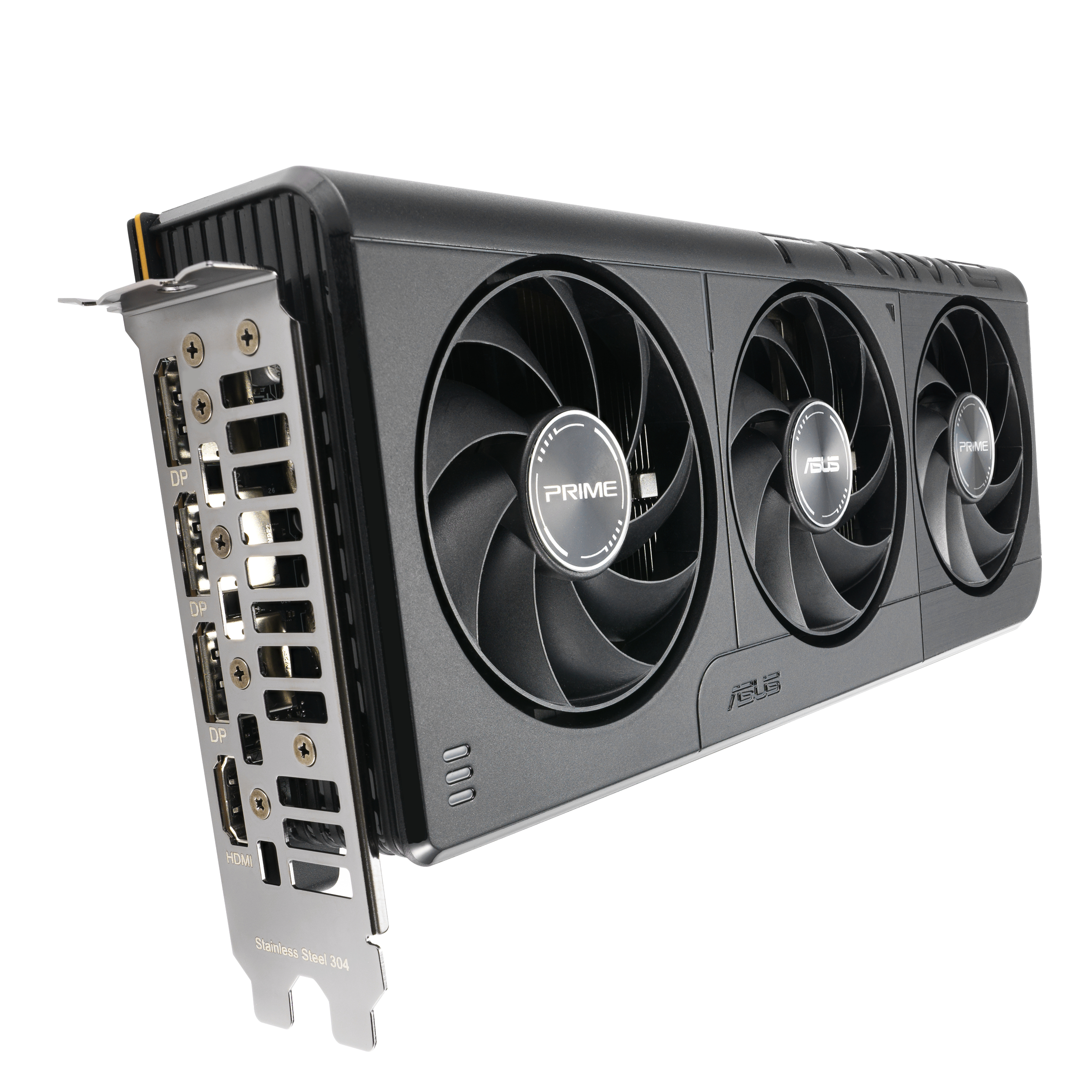 Schwarze ASUS Prime Grafikkarte mit drei Lüftern. Die Karte hat mehrere Anschlüsse und eine Edelstahlhalterung.