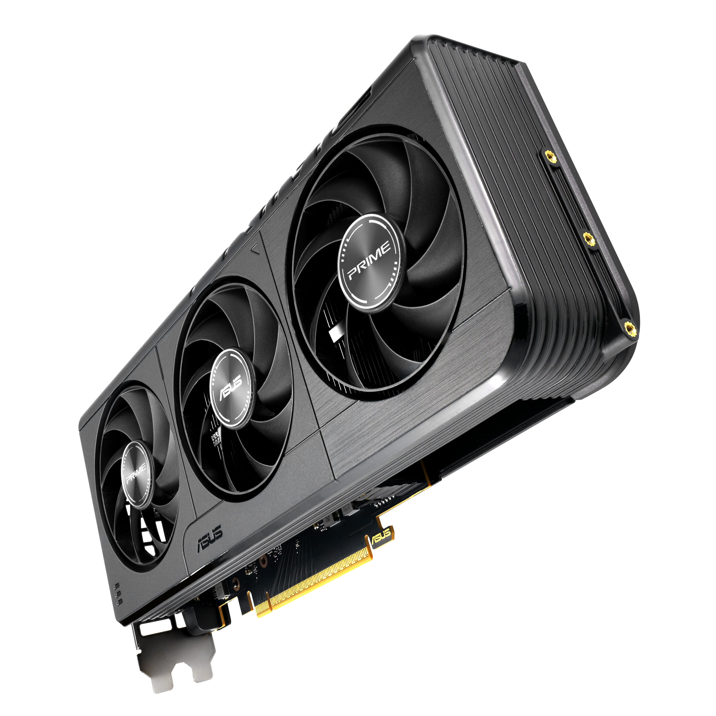 Eine schwarze ASUS-Grafikkarte mit drei Lüftern ist vor einem weißen Hintergrund abgewinkelt. Die Karte hat PRIME-Branding.