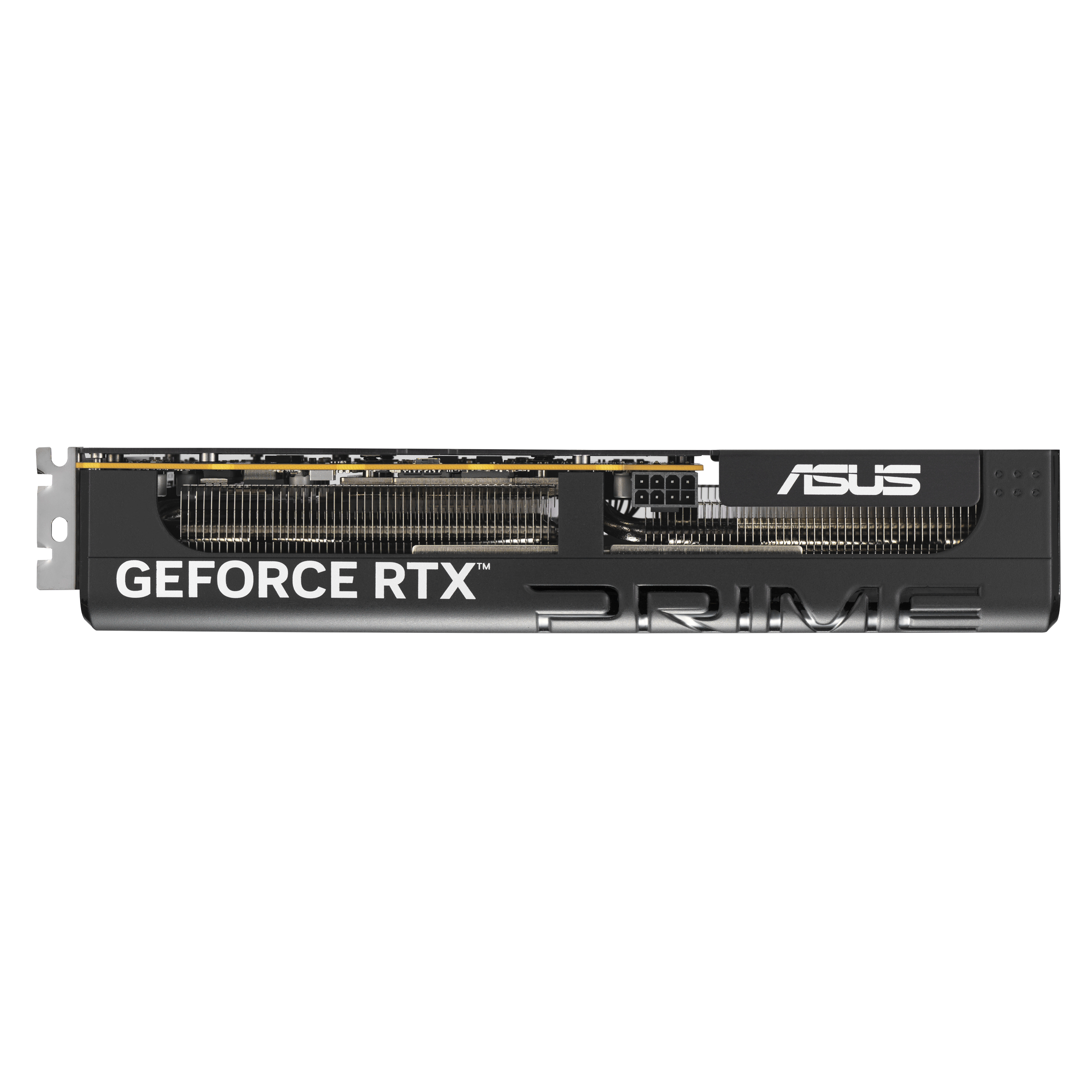 Eine schwarze Grafikkarte mit silbernen Lamellen. Der Text "GEFORCE RTX PRIME" und das ASUS-Logo sind sichtbar.