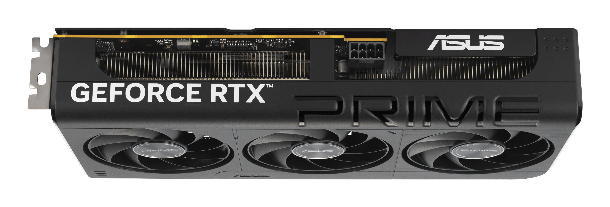Eine schwarze ASUS GeForce RTX PRIME Grafikkarte mit drei Lüftern. Die Karte hat das ASUS-Logo und den Namen GeForce RTX.