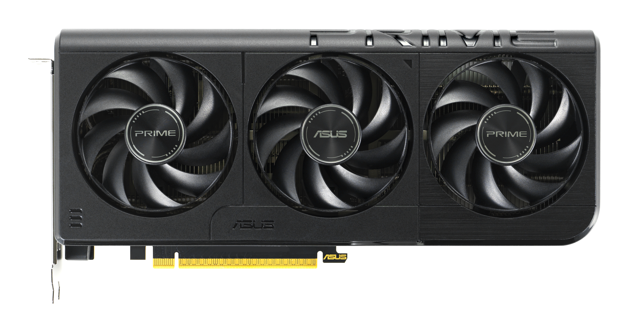 Eine schwarze ASUS-Grafikkarte mit drei Lüftern. Jeder Lüfter hat Flügel und ein zentrales Logo. Die Karte hat goldene Anschlüsse.