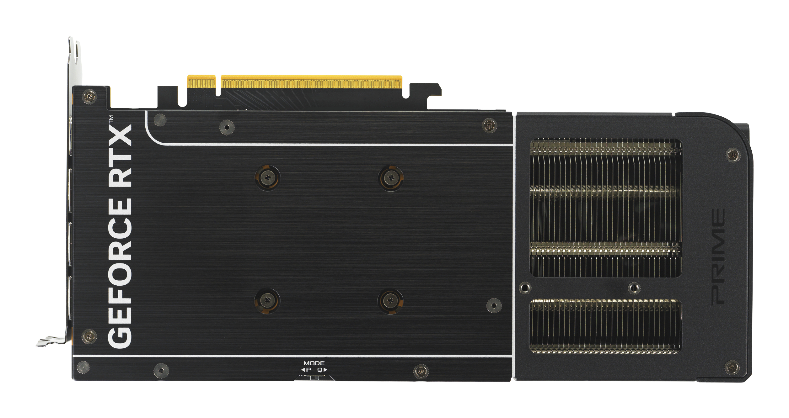 Eine schwarze GeForce RTX Prime Grafikkarte. Die Karte hat ein Metallgehäuse mit Kühlrippen und dem PRIME-Logo.