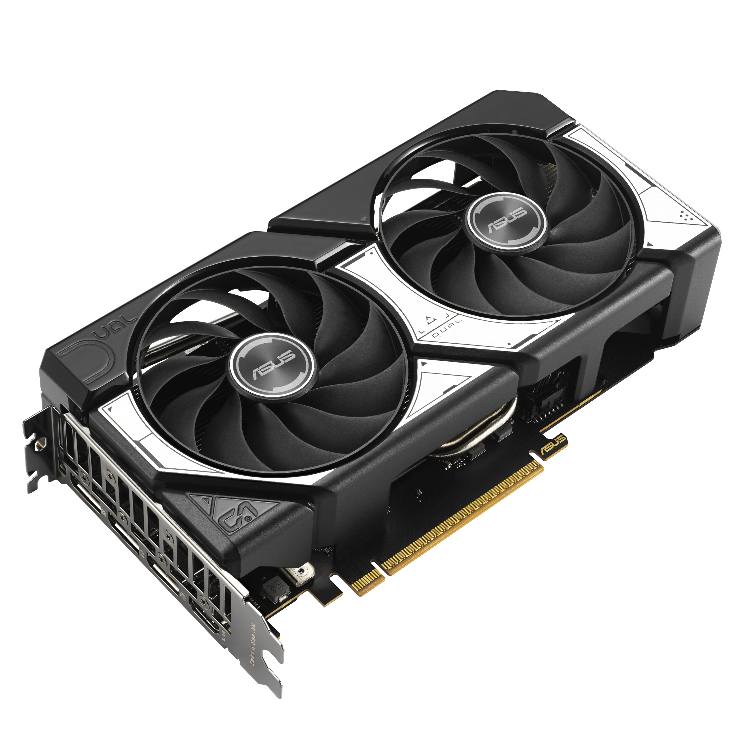 Eine schwarz-silberne ASUS Dual GeForce RTX-Grafikkarte mit zwei Lüftern und dem ASUS-Logo.