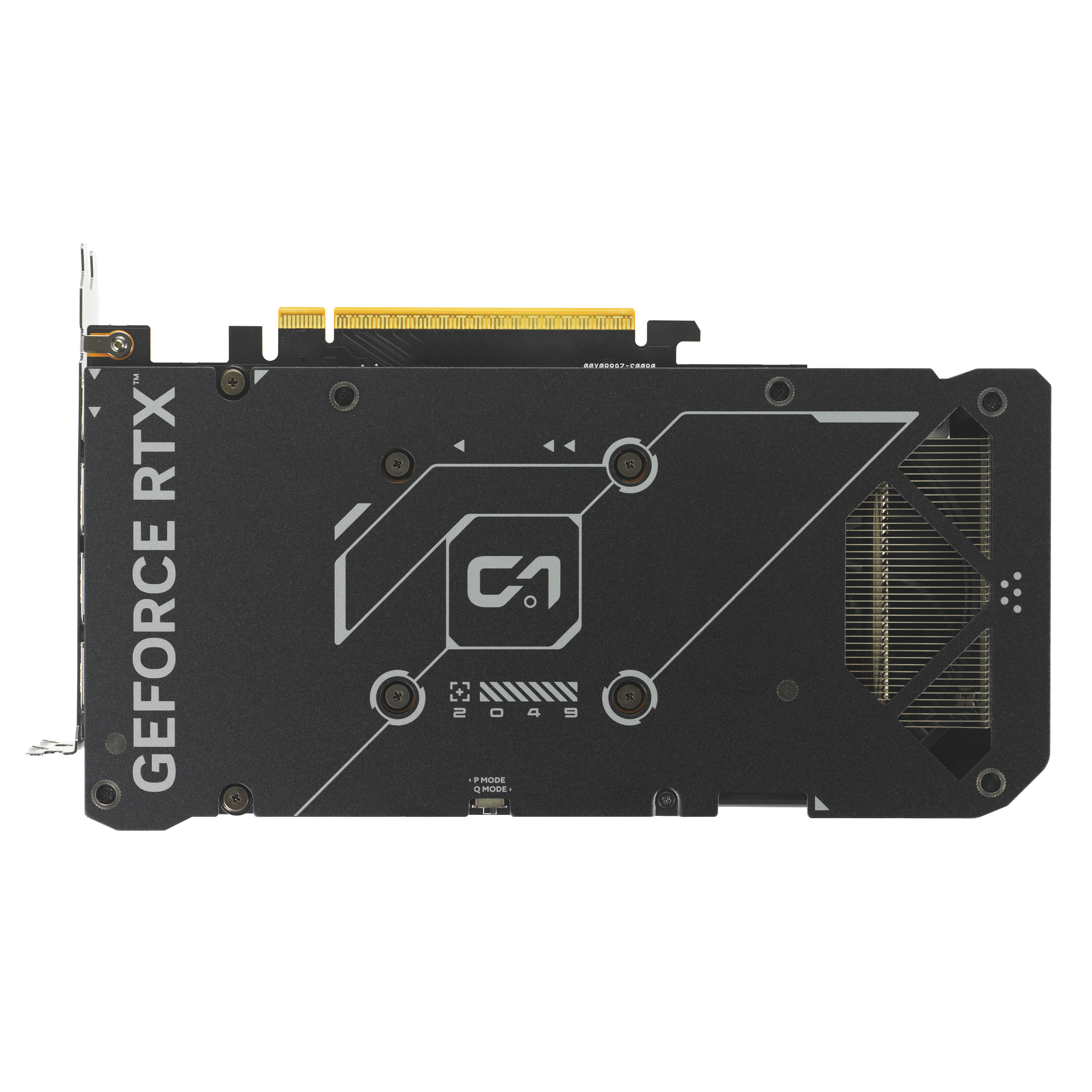 Eine schwarze Grafikkarte mit den Worten GEFORCE RTX, einem C1-Logo, Zahlen und einem Kühlgitter.