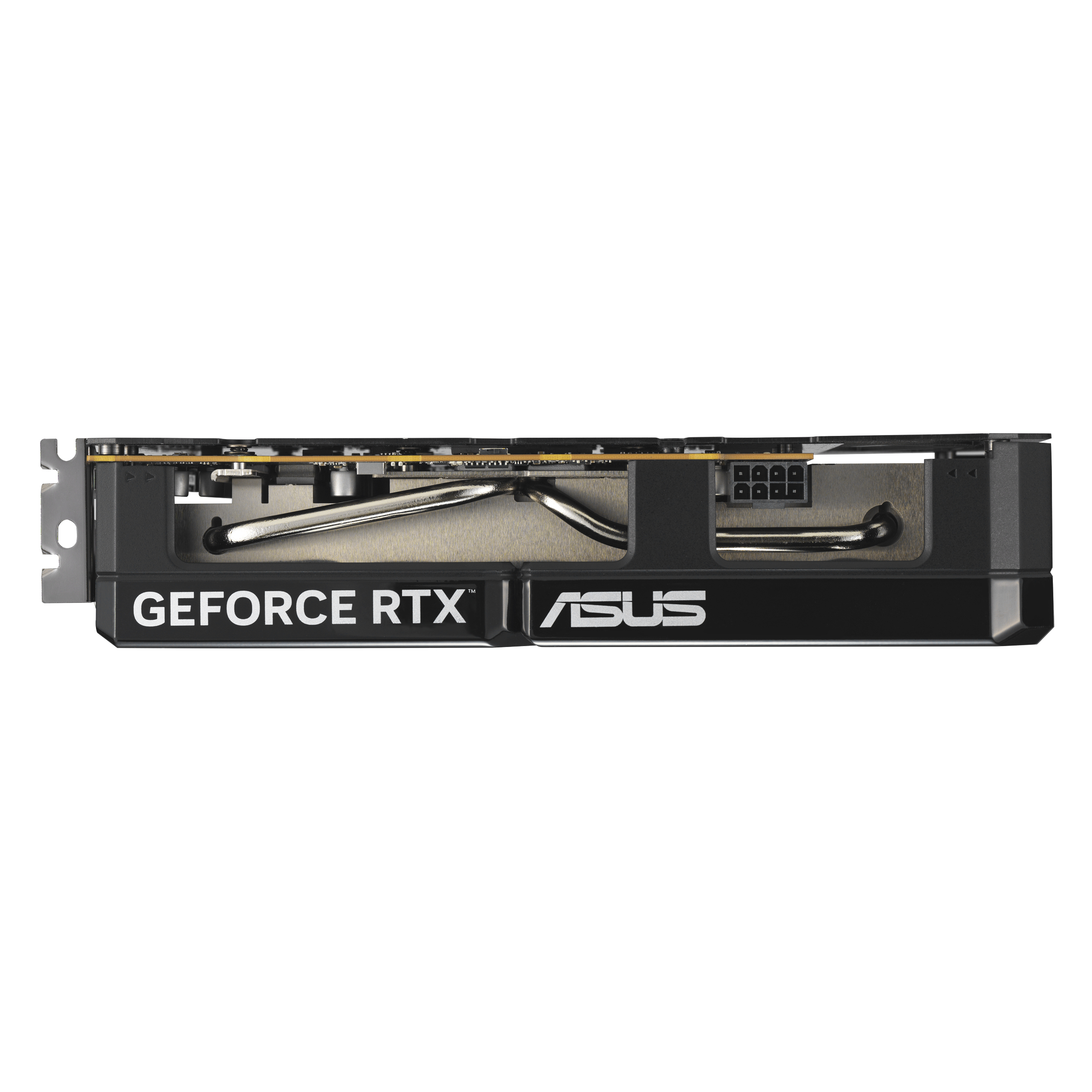 Eine schwarze und silberne Grafikkarte mit den Worten 'GEFORCE RTX' und 'ASUS' ist sichtbar.