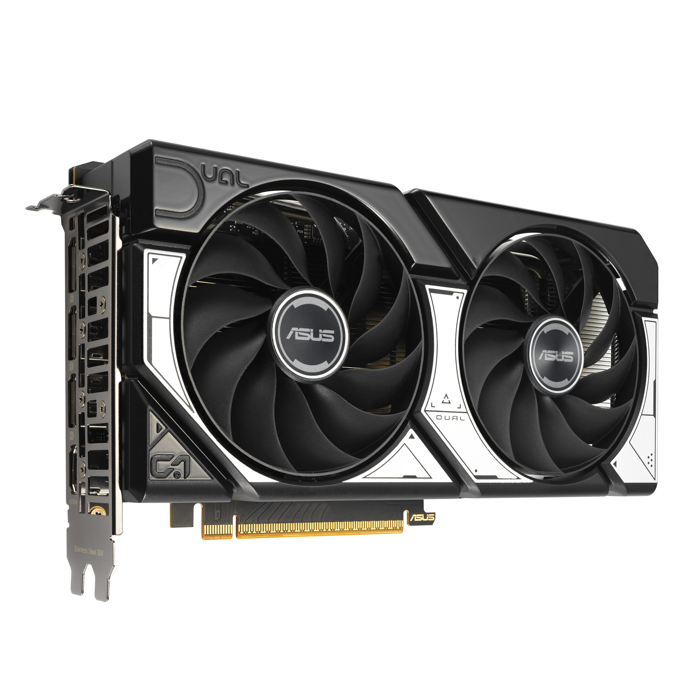 Eine schwarz-silberne ASUS Dual Grafikkarte mit zwei Lüftern. Die Lüfter sind schwarz, der Hintergrund ist weiß.