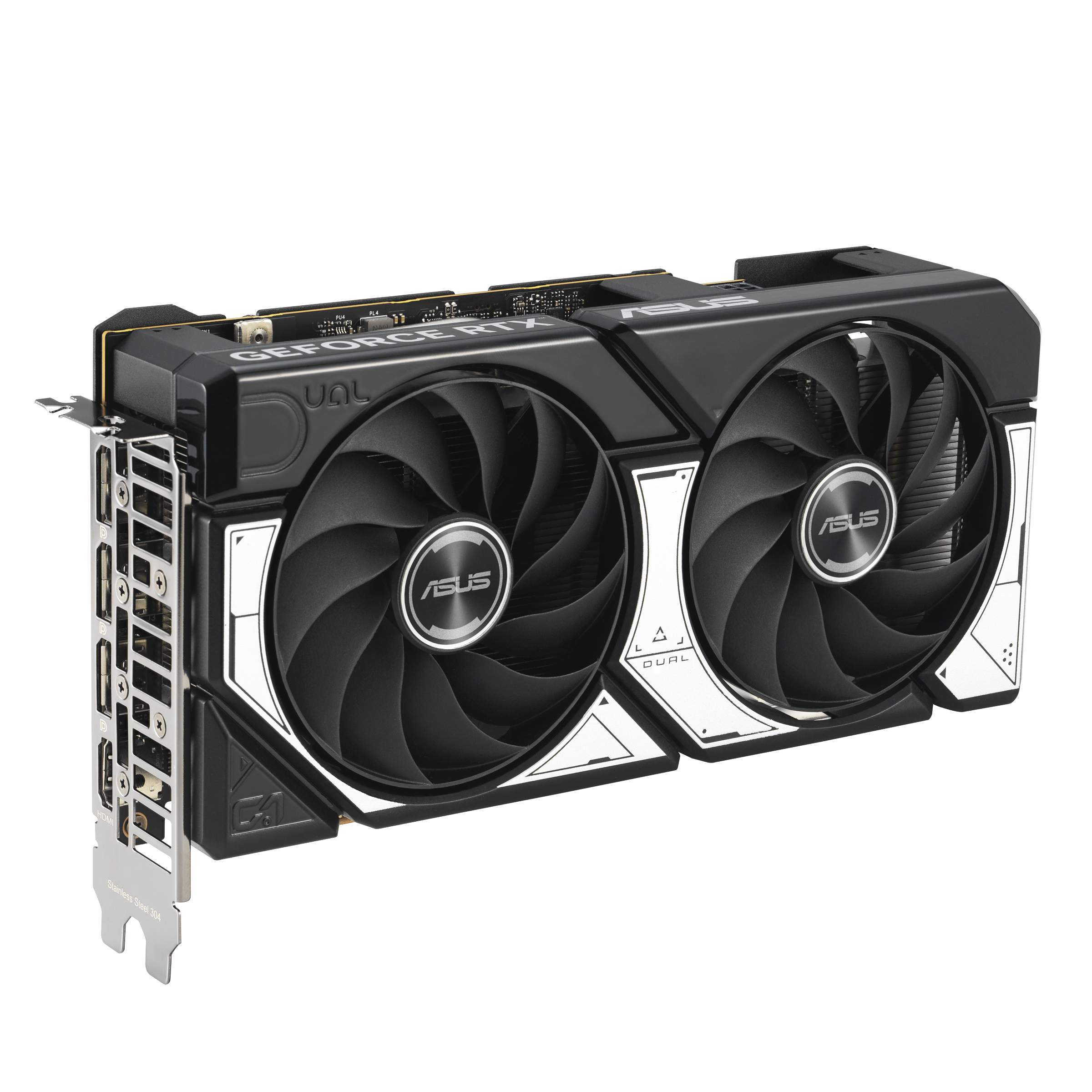 Eine schwarze und silberne ASUS-Grafikkarte mit zwei Lüftern. Auf der Karte steht "GEFORCE RTX" und "DUAL".