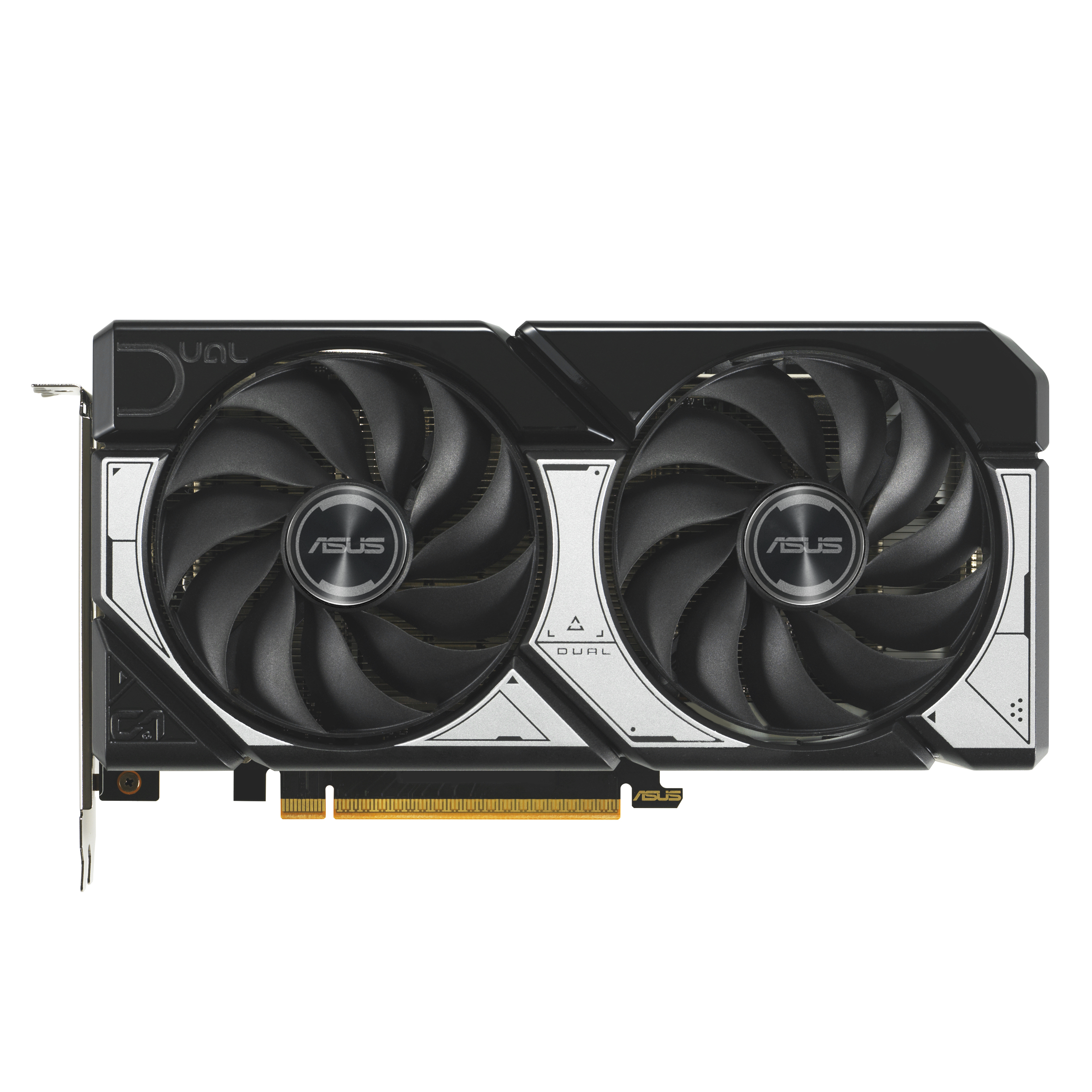 Eine Computergrafikkarte mit zwei schwarzen Lüftern, silbernen Akzenten und dem Asus-Logo. Es ist vor weißem Hintergrund.