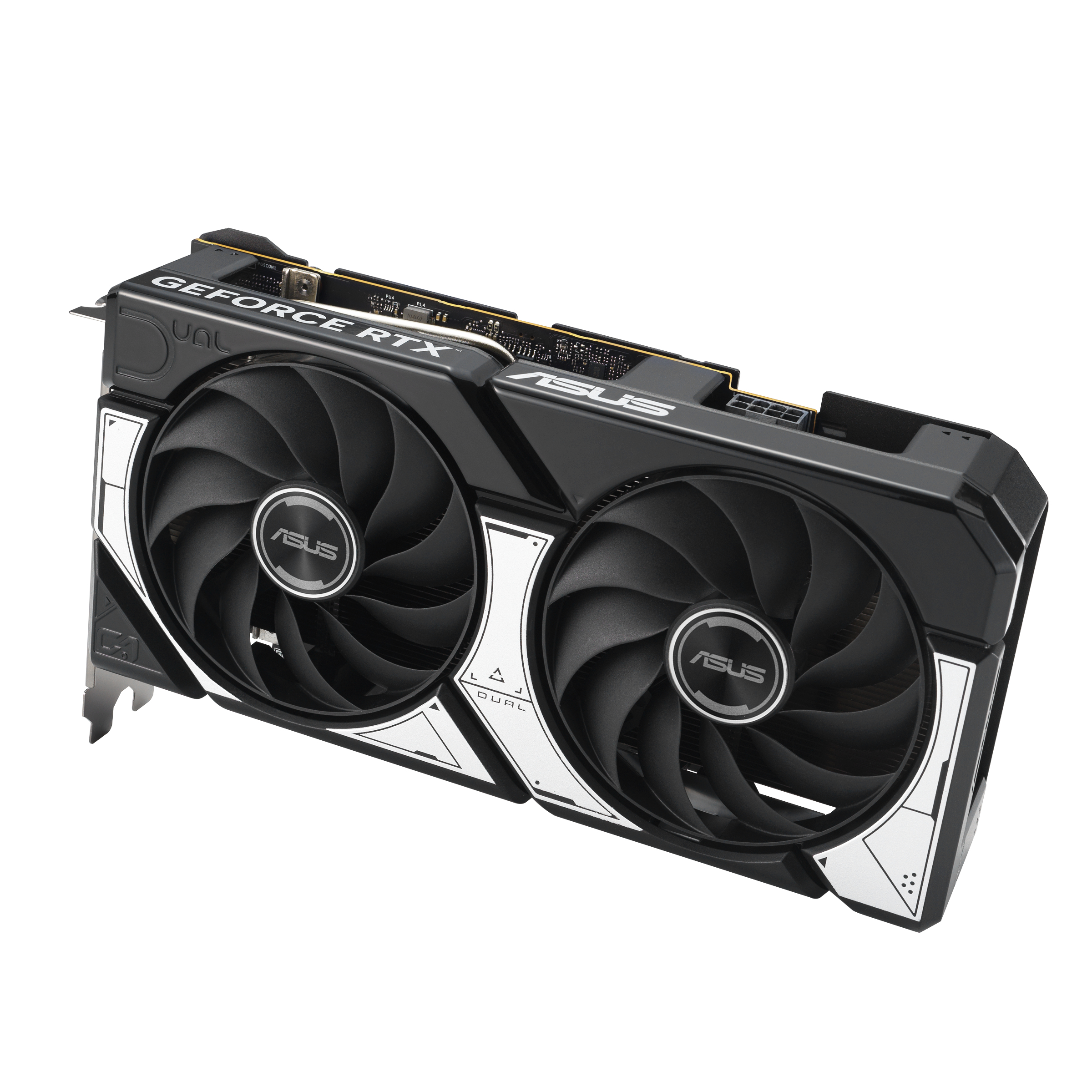Eine schwarz-weiße ASUS GeForce RTX Grafikkarte mit zwei Lüftern.