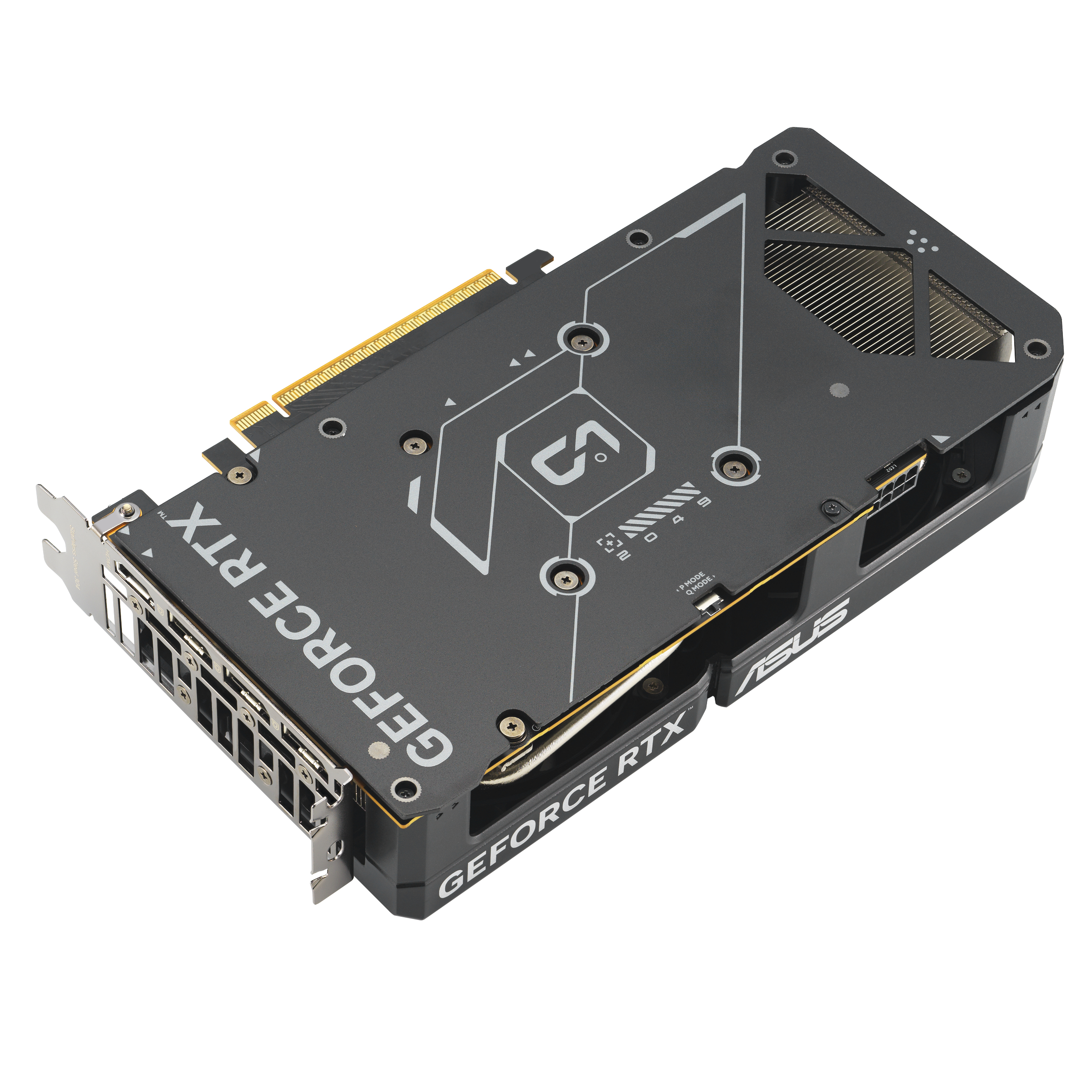 Eine schwarze und graue ASUS GeForce RTX Grafikkarte. Die Karte hat einen Lüfter, Anschlüsse und das GeForce RTX Logo.