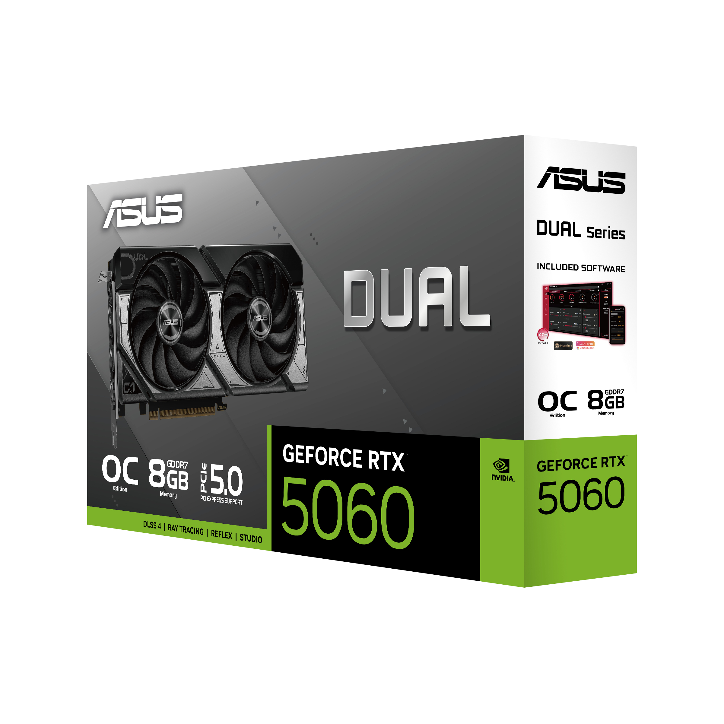 Grafikkartenbox mit ASUS-Logo, Dual-Serie, GeForce RTX 5060 und Funktionen wie DLSS und Ray Tracing.