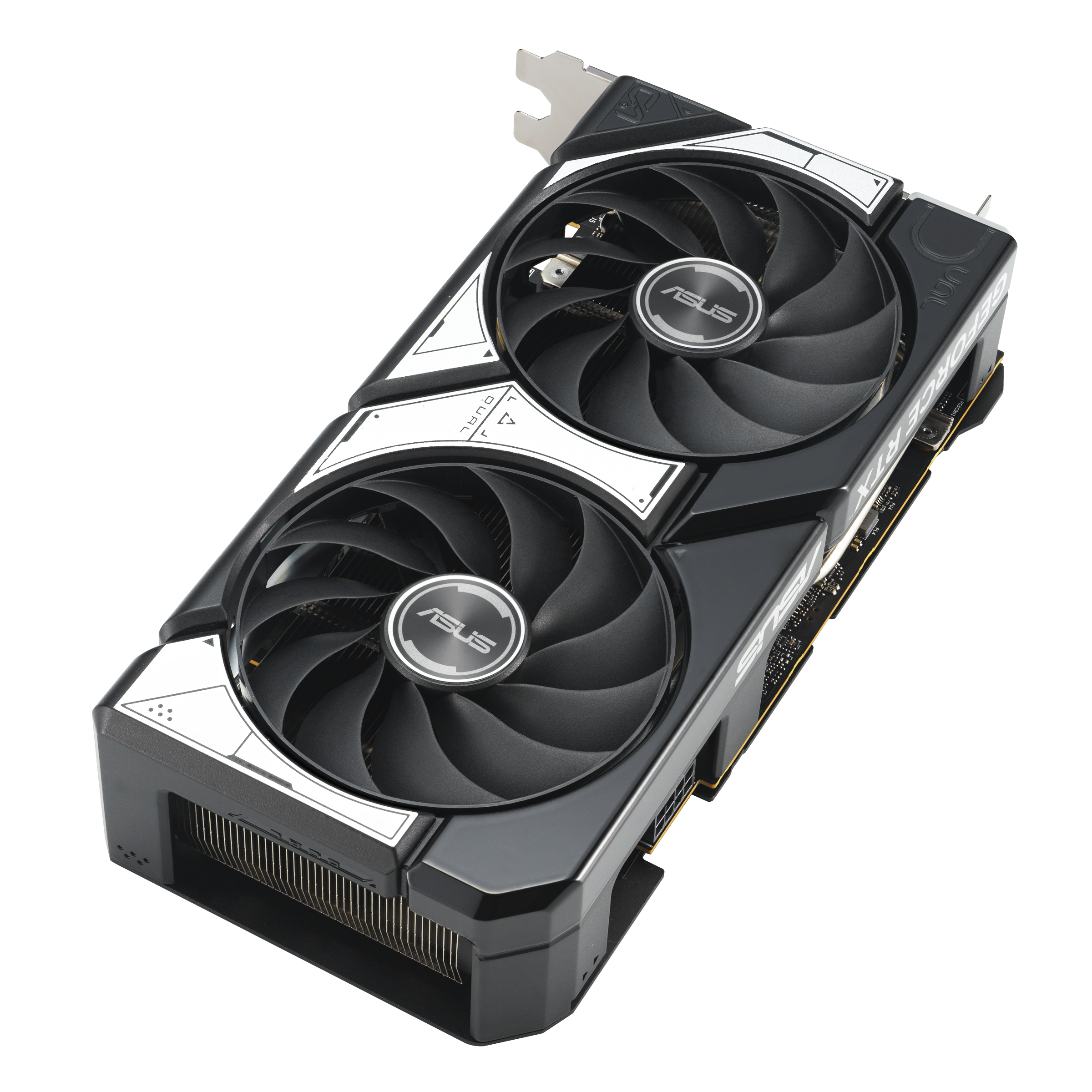Eine schwarz-silberne ASUS Dual GeForce RTX-Grafikkarte mit zwei Lüftern, weißen Akzenten und einem Kühlkörper.
