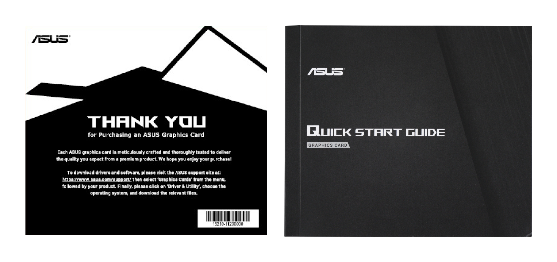 Zwei Tafeln, eine mit dem Text 'DANKE' und dem ASUS-Logo. Das andere Panel liest 'QUICK START GUIDE' und hat auch das ASUS-Logo.