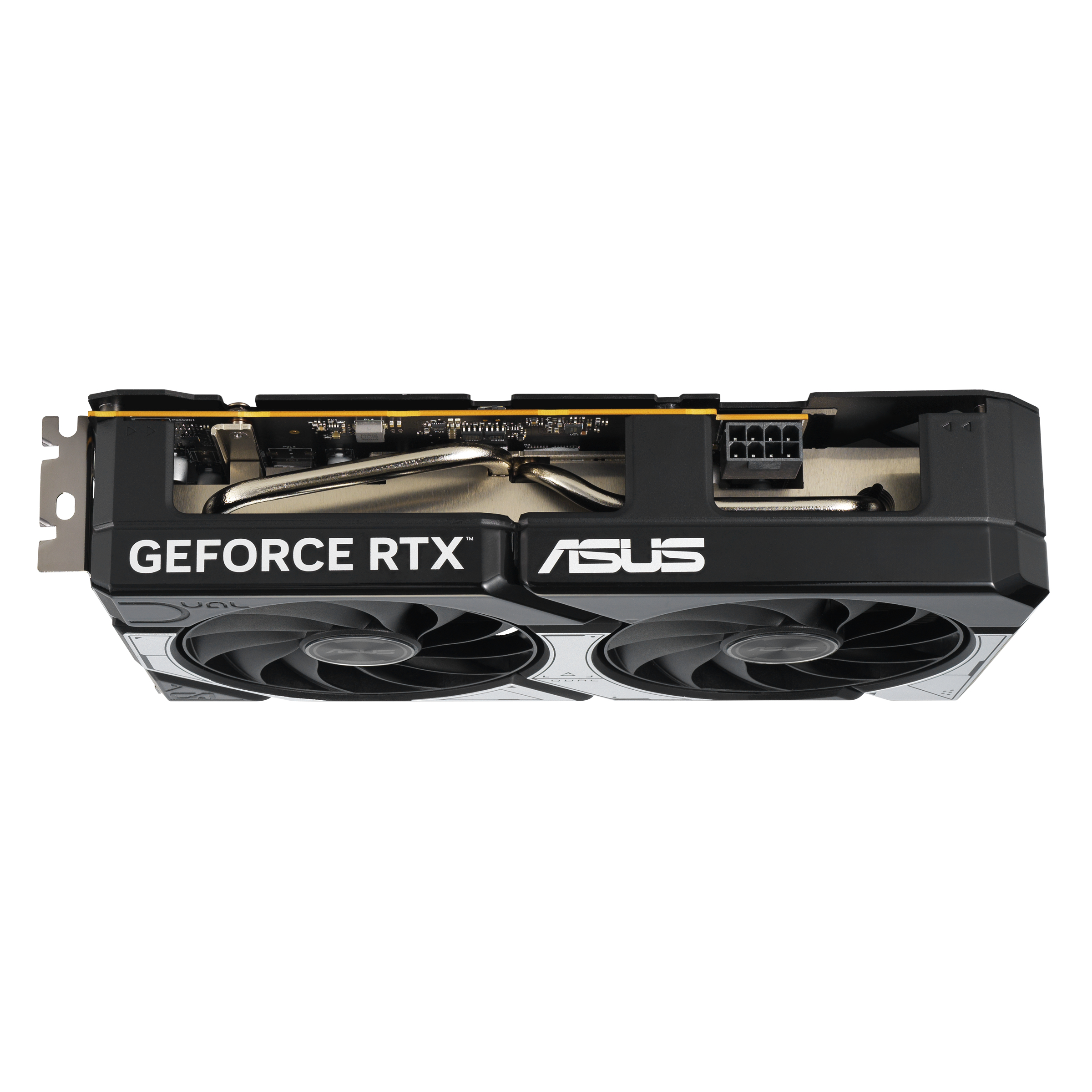 Schwarze und silberne ASUS GeForce RTX Grafikkarte mit zwei Lüftern, weißem Text und schwarzem Rahmen.