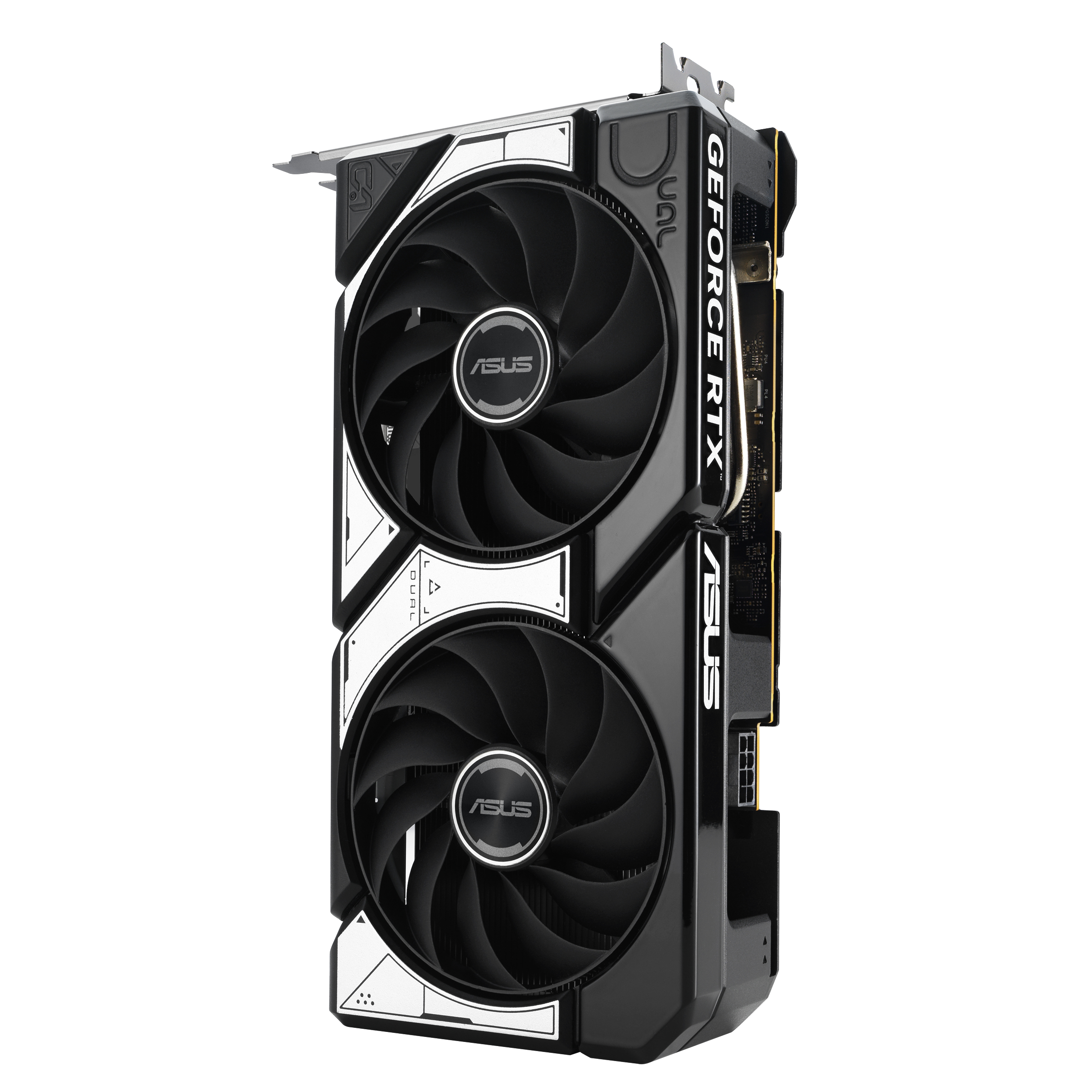 Eine schwarz-weiße ASUS GeForce RTX Grafikkarte mit zwei Lüftern. Weiße Akzente und das ASUS-Logo sind sichtbar.