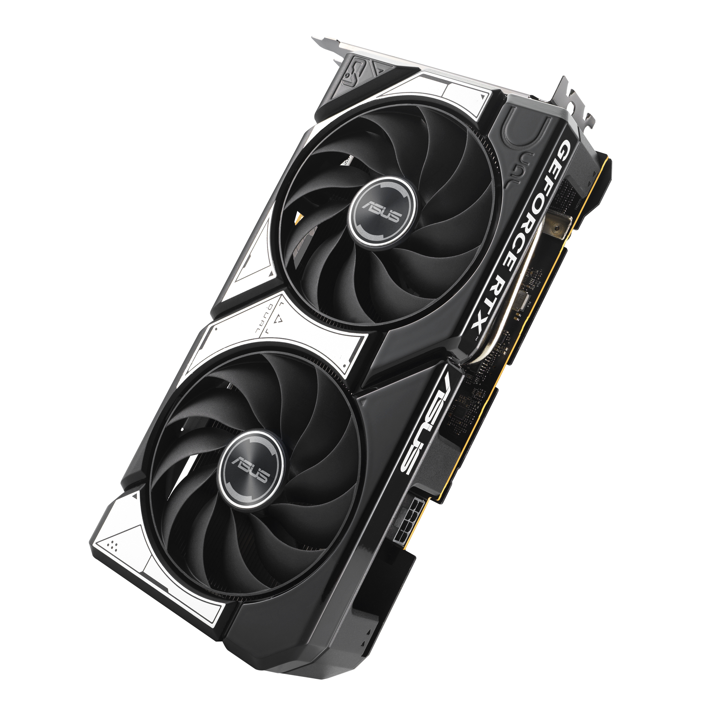 Eine schwarze und silberne ASUS GeForce RTX Grafikkarte mit zwei Lüftern. Der Hintergrund ist weiß.