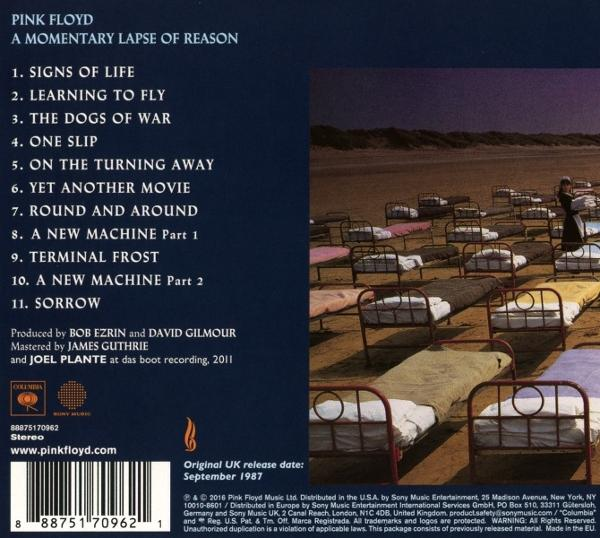 Albumcover. Pink Floyd, A Momentary Lapse of Reason. Betten am Strand. Eine Frau trägt im Hintergrund Wäsche.