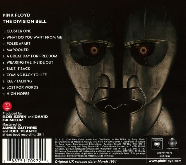 Albumcover von Pink Floyds 'The Division Bell'. Zeigt ein metallisches Gesicht mit Augenlöchern und Text mit Songtiteln und Credits.