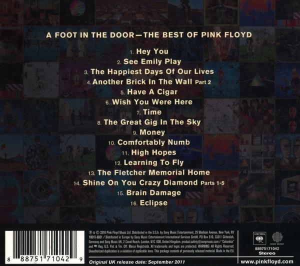 Albumcover für 'A Foot In The Door - The Best Of Pink Floyd'. Enthält eine Collage von Bildern und eine Titelliste.