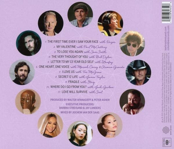 Pochette d'album avec des portraits de musiciens, dont Barbra Streisand. Le texte énumère les titres des chansons et les collaborations sur fond lavande.