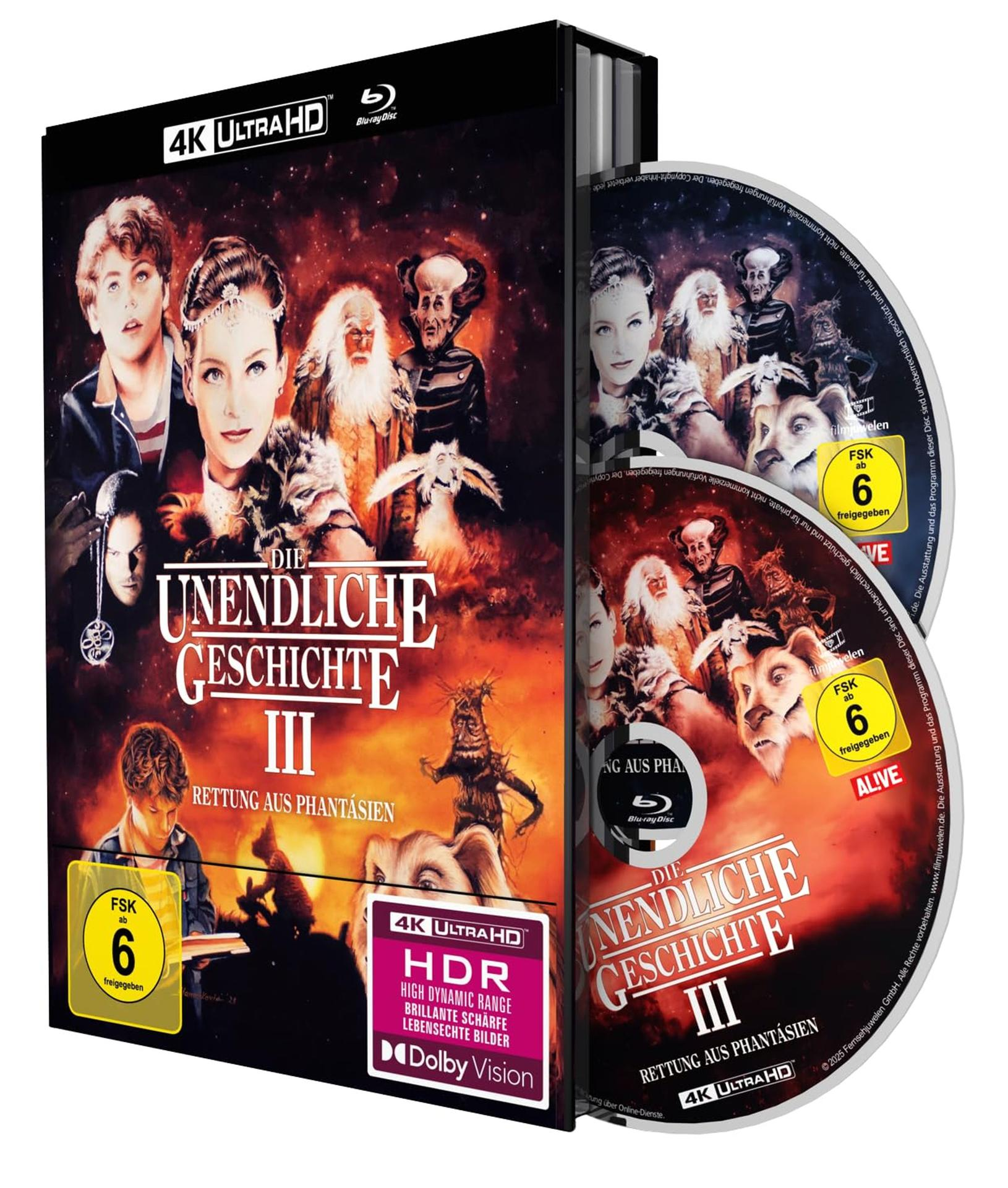 Filmcover 'Die Unendliche Geschichte III'. Zeigt Charaktere und eine 4K Ultra HD Blu-ray Disc.