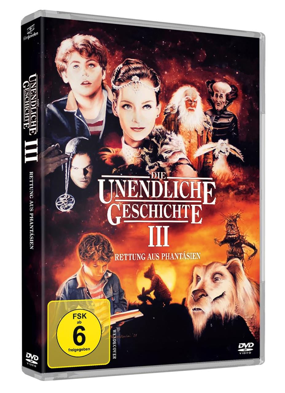 DVD-Cover von „Die unendliche Geschichte III“. Zeigt Charaktere aus dem Film, darunter Kinder und Fantasiewesen, mit feurigem Hintergrund.