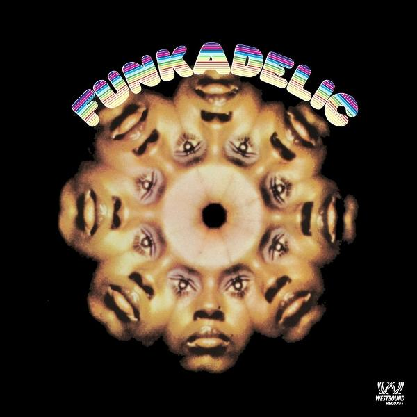 Albumcover mit einem Blumengesteck aus Gesichtern. Das Wort 'Funkadelic' wölbt sich in bunten Buchstaben darüber, vor schwarzem Hintergrund.