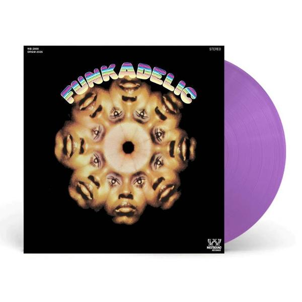 Albumcover mit Gesichtern in einem Kreis, betitelt 'Funkadelic'. Daneben eine lila Vinyl-Schallplatte.