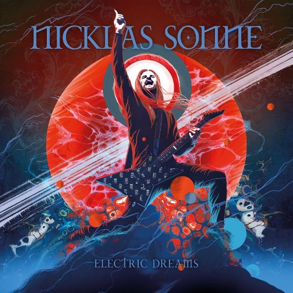 Albumcover: Ein Gitarrist mit langen Haaren zeigt nach oben und spielt vor einem roten Planeten. Text: 'Nicklas Sonne', 'Electric Dreams'.