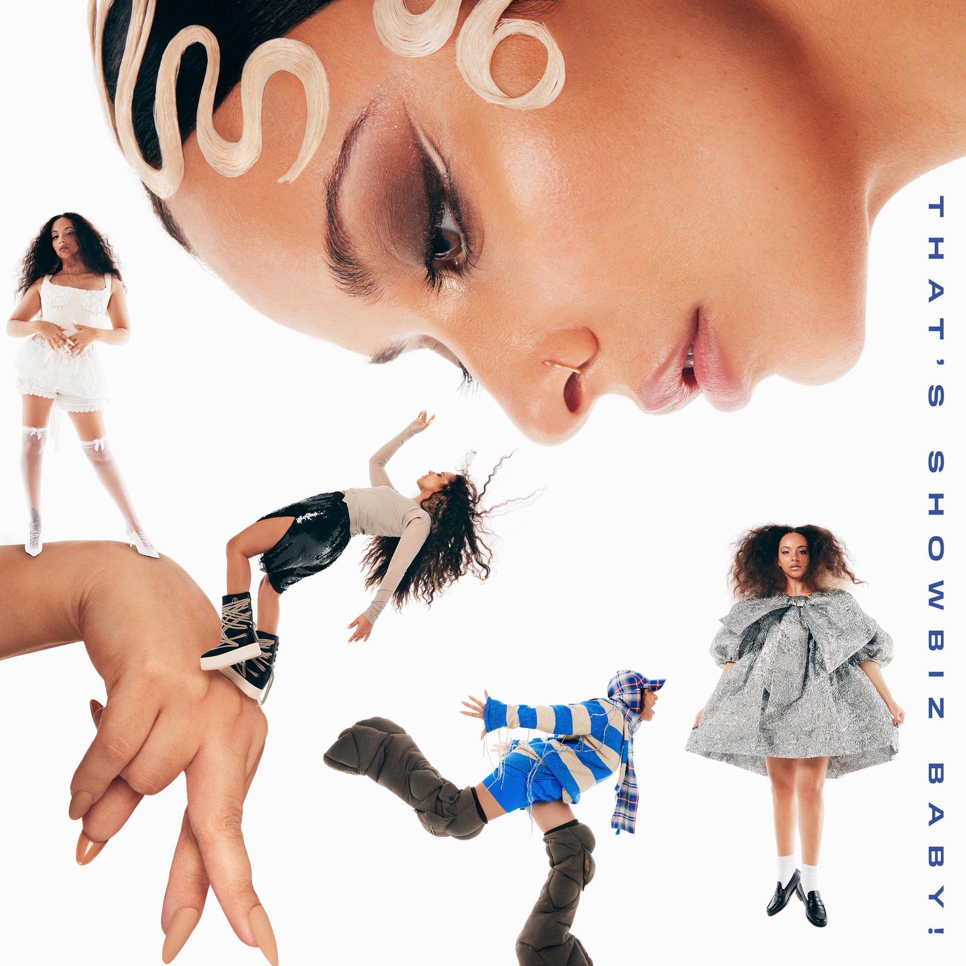 Collage mit einem großen Gesicht, mehreren Models in einzigartigen Outfits und dem Text 'THAT'S SHOWBIZ BABY!' auf weißem Hintergrund.