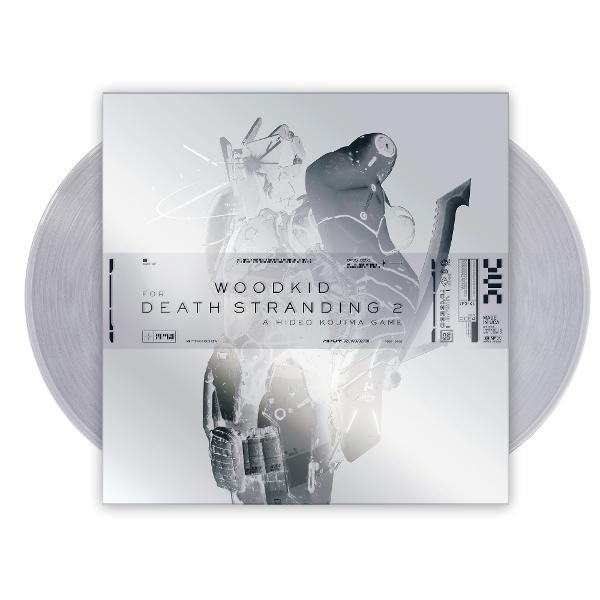 Albumcover für Woodkids Death Stranding 2. Zeigt ein durchscheinendes Charakterdesign über einer silbernen Schallplatte mit Titeltext.