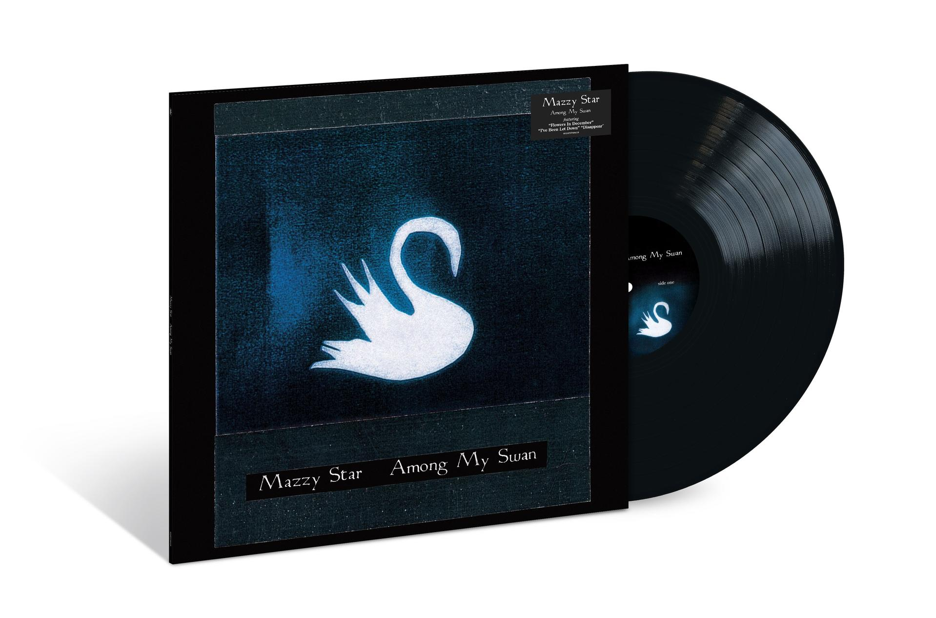 Albumcover von Mazzy Stars 'Among My Swan'. Eine weiße Schwan-Silhouette vor blauem Hintergrund. Eine Vinyl-Schallplatte ist sichtbar.