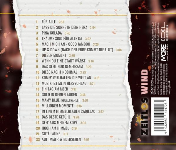 CD-Cover mit Trackliste. Titel ist 'Zeitlos Wind'. Braunes und weißes Design. Liste enthält Songtitel und -längen.