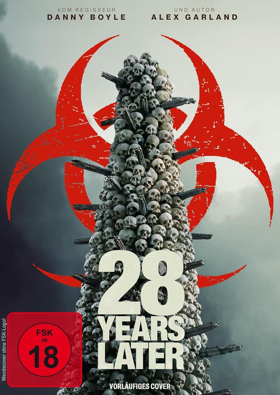 Filmplakat mit einem Totenkopfturm, einem roten Biohazard-Symbol und dem Text "28 YEARS LATER".