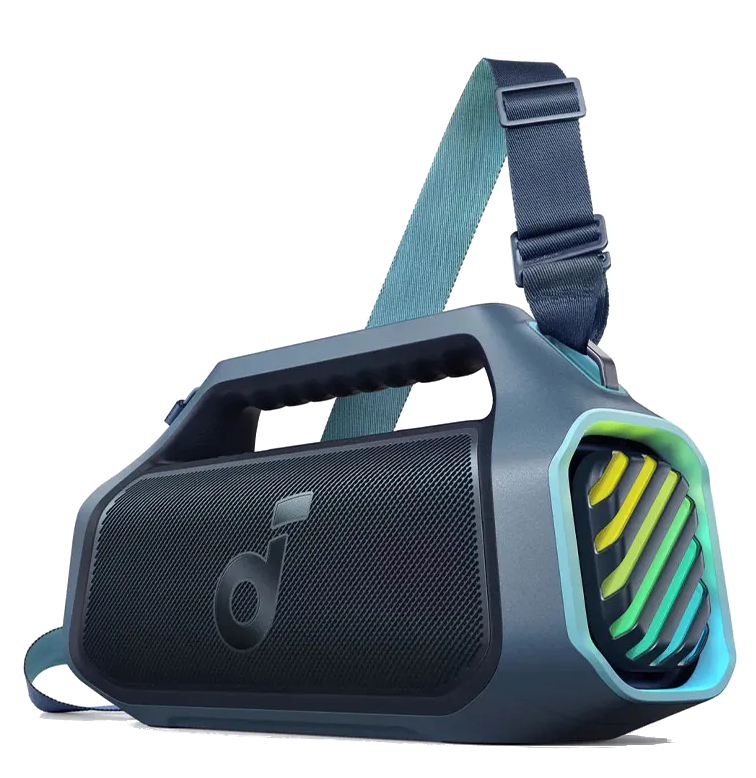 Niebieski głośnik przenośny z paskiem na ramię. Ma ciemną kratkę i kolorowy panel świetlny z boku.