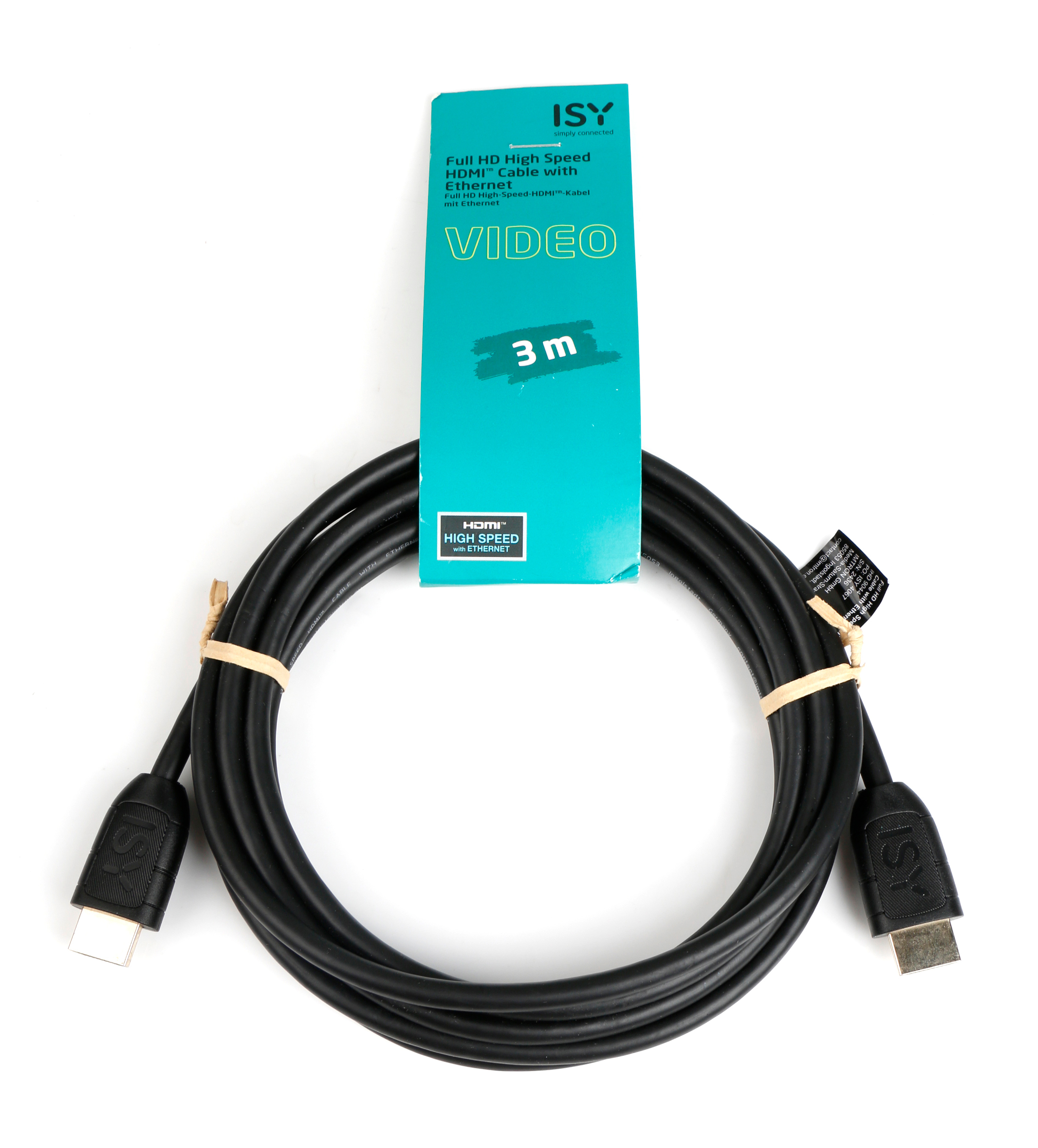 Czarny kabel HDMI z etykietą produktu. Kabel jest zwinięty. Etykieta jest niebiesko-biała. Tło jest białe.