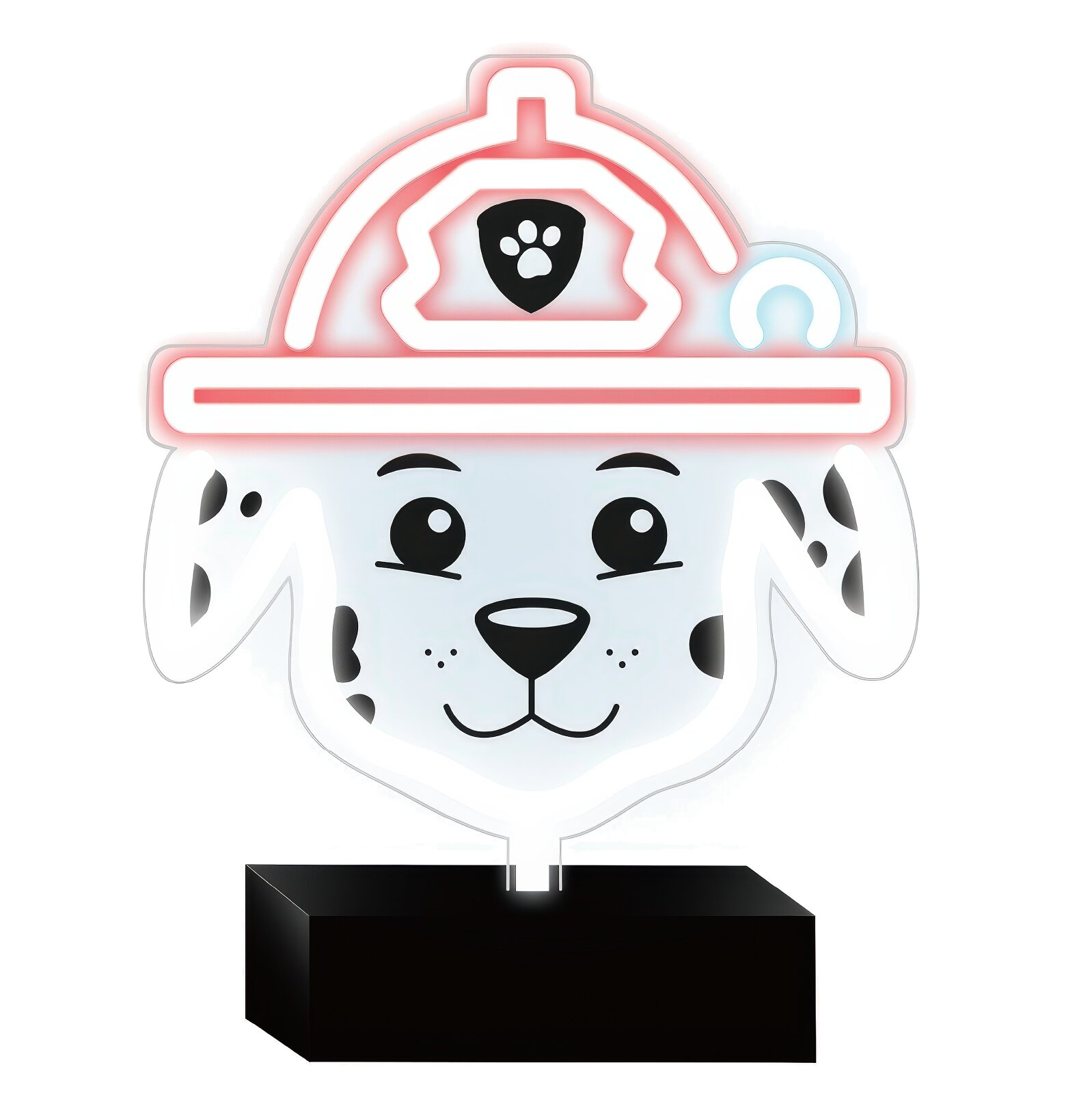 Neonowy znak szczeniaka dalmatyńczyka w hełmie strażackim. Jest na czarnym stojaku, z czarnym tłem.