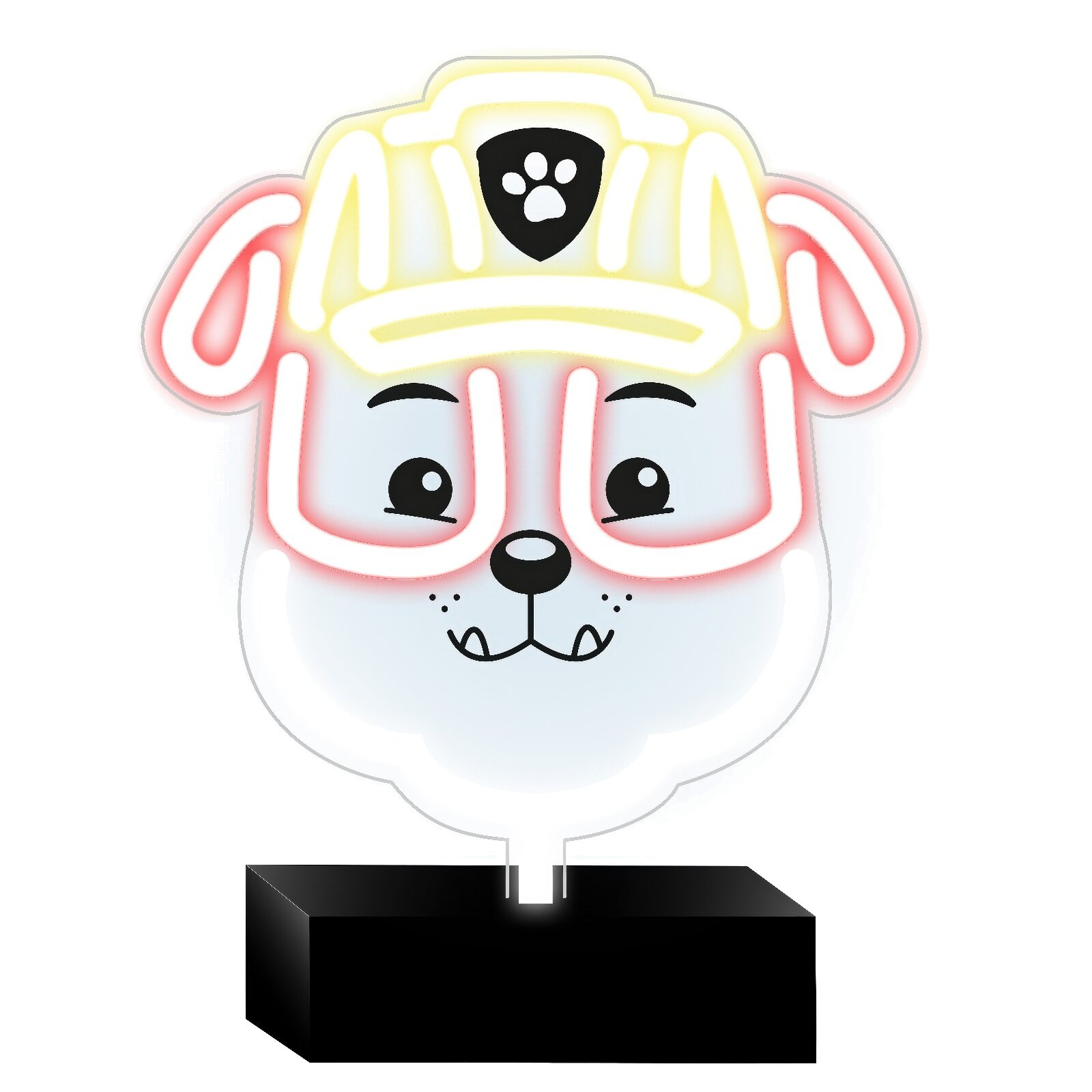 Neonowe światło głowy psa z kreskówki w żółtym kapeluszu i okularach. Czarna podstawa.