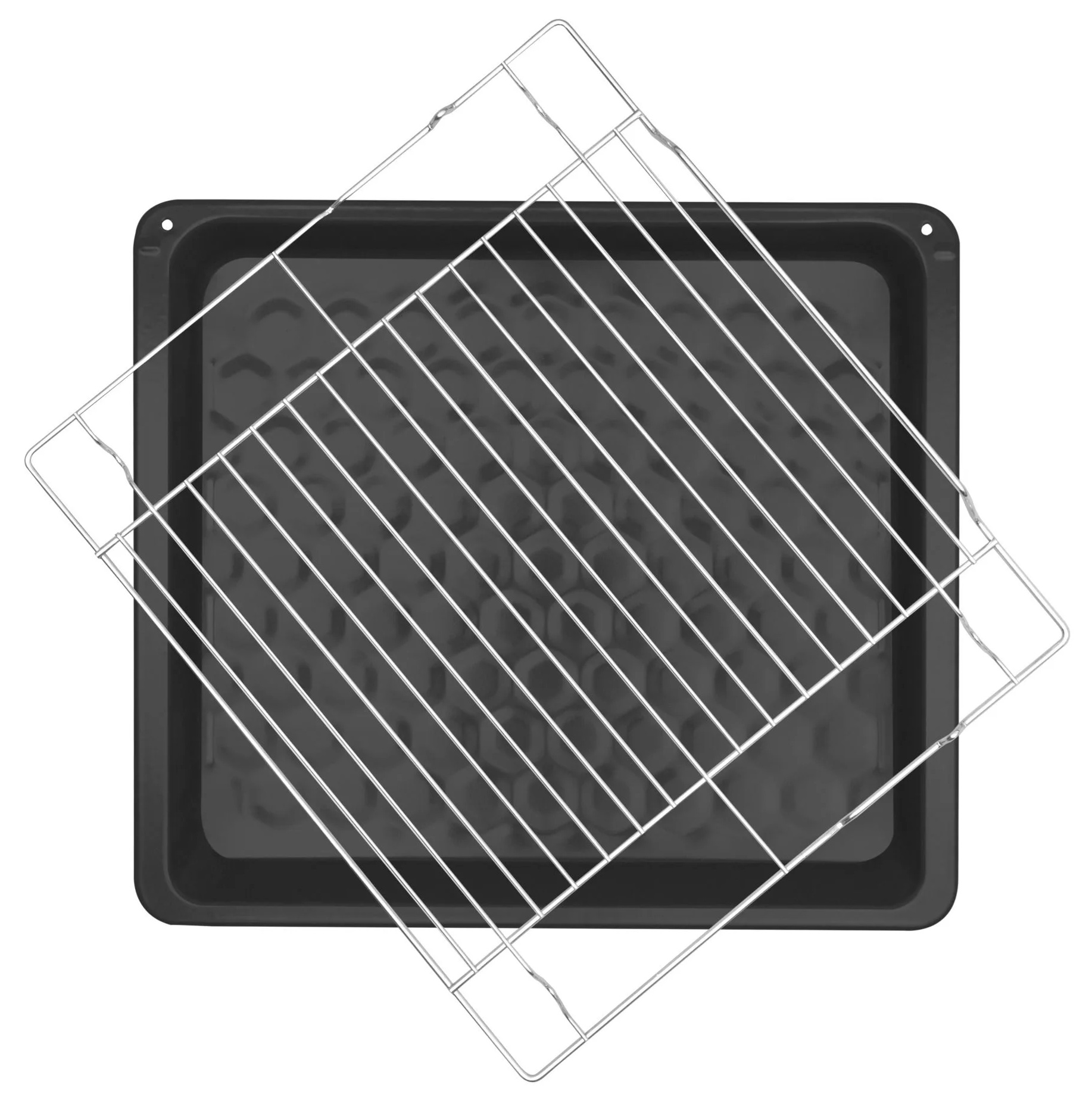 Widok z góry na czarną blachę do pieczenia ze srebrną kratką drucianą na wierzchu, ustawioną pod kątem.