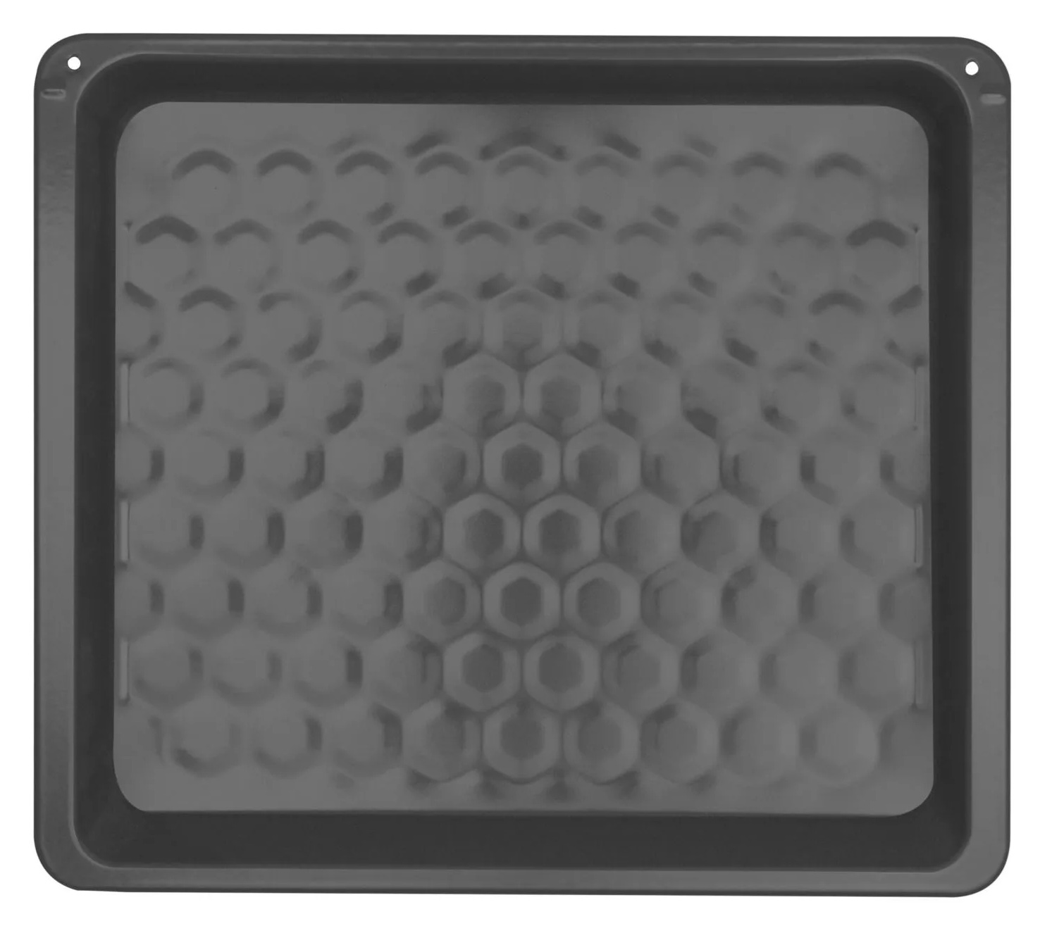 Szara blacha do pieczenia z wzorem plastra miodu. Ma prostokątny kształt i dwa małe otwory w górnych rogach.