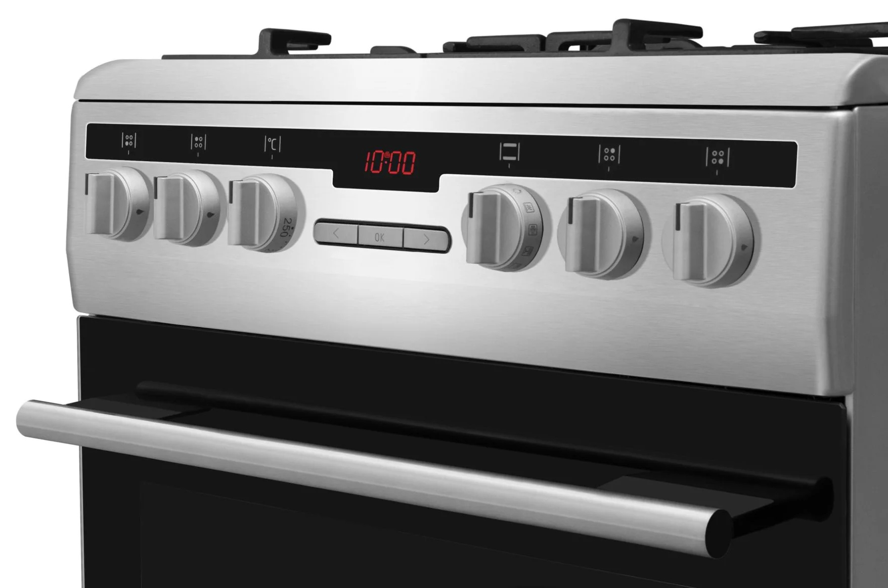 Piekarnik ze stali nierdzewnej z pokrętłami, wyświetlaczem cyfrowym 10:00, czarne drzwi z uchwytem.