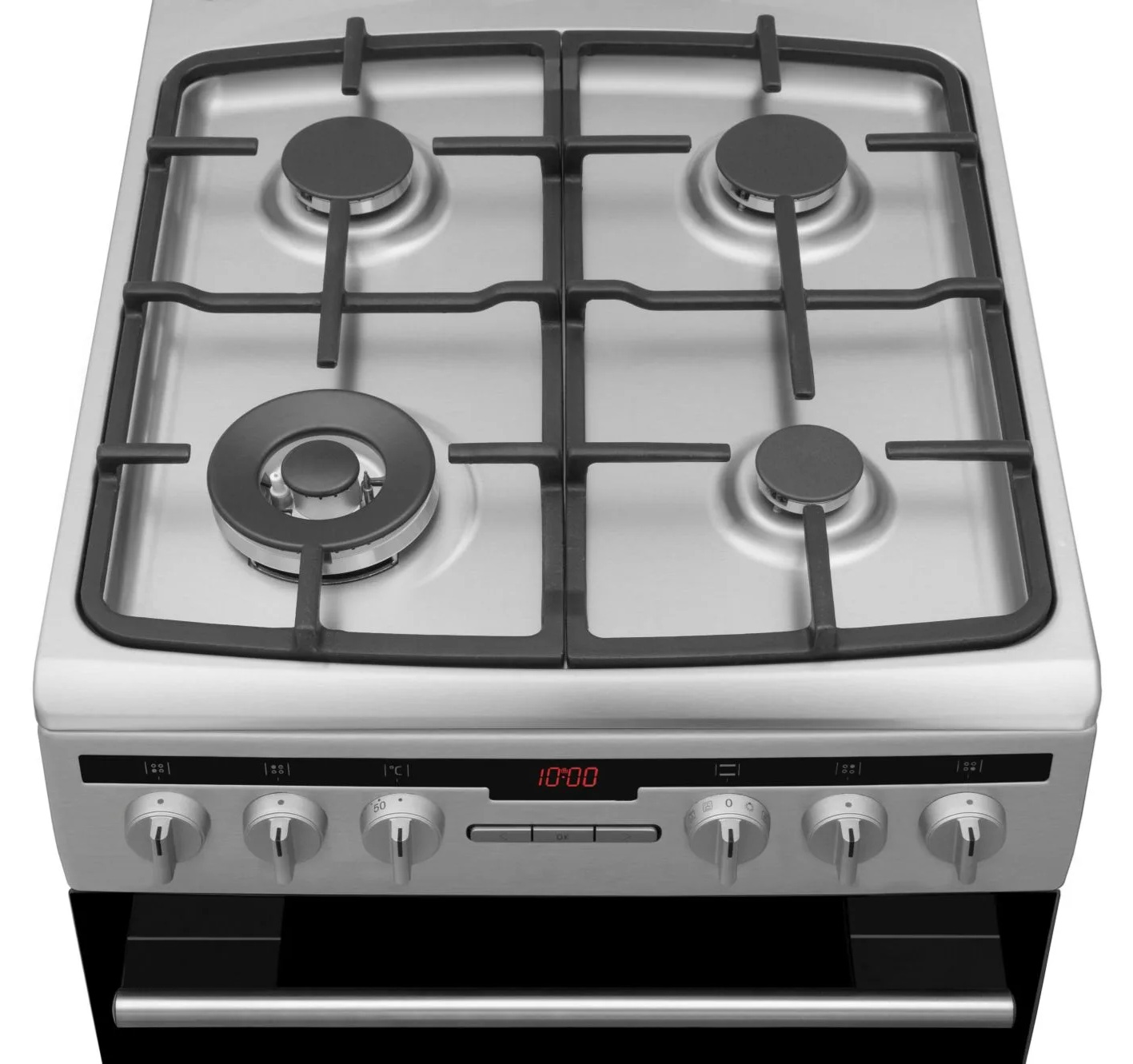 Kuchenka ze stali nierdzewnej z czterema palnikami. Pokrętła i zegar cyfrowy znajdują się z przodu. Drzwi piekarnika są czarne.