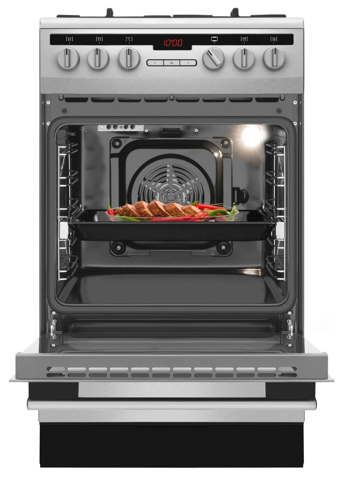 Otwarty piekarnik prezentuje pieczone mięso z czerwoną papryką na tacy. Piekarnik ze stali nierdzewnej, z cyfrowym zegarem.