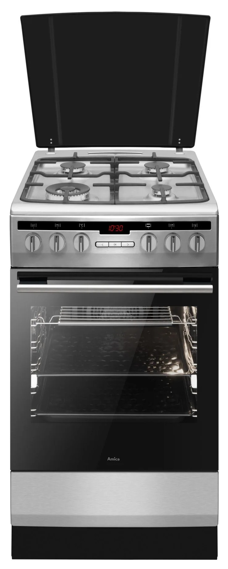 Kuchenka gazowa ze stali nierdzewnej z otwartą czarną szklaną pokrywą. Drzwi piekarnika zamknięte, z marką 'Amica'.