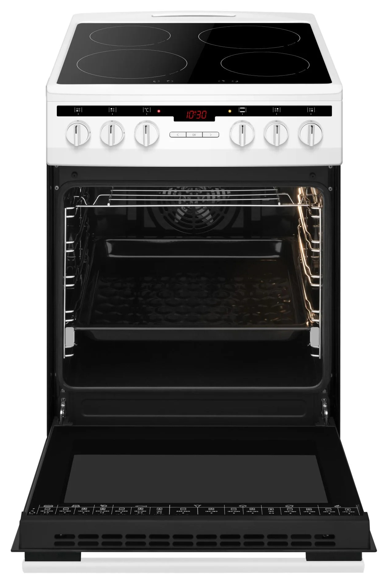 Biały piekarnik elektryczny z otwartymi drzwiami. Wnętrze piekarnika jest czarne. Płyta grzewcza jest czarna z czterema palnikami. Wyświetlacz pokazuje 10:30.