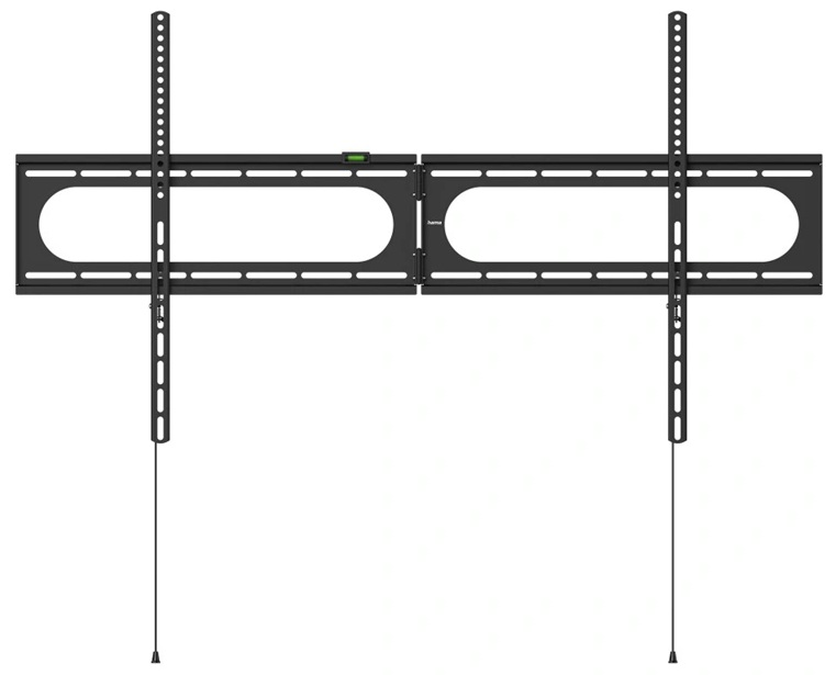 Czarny zestaw do montażu ściennego telewizora. Ma dwa długie poziome wsporniki z pionowymi prętami nośnymi. Pośrodku znajduje się poziomica.