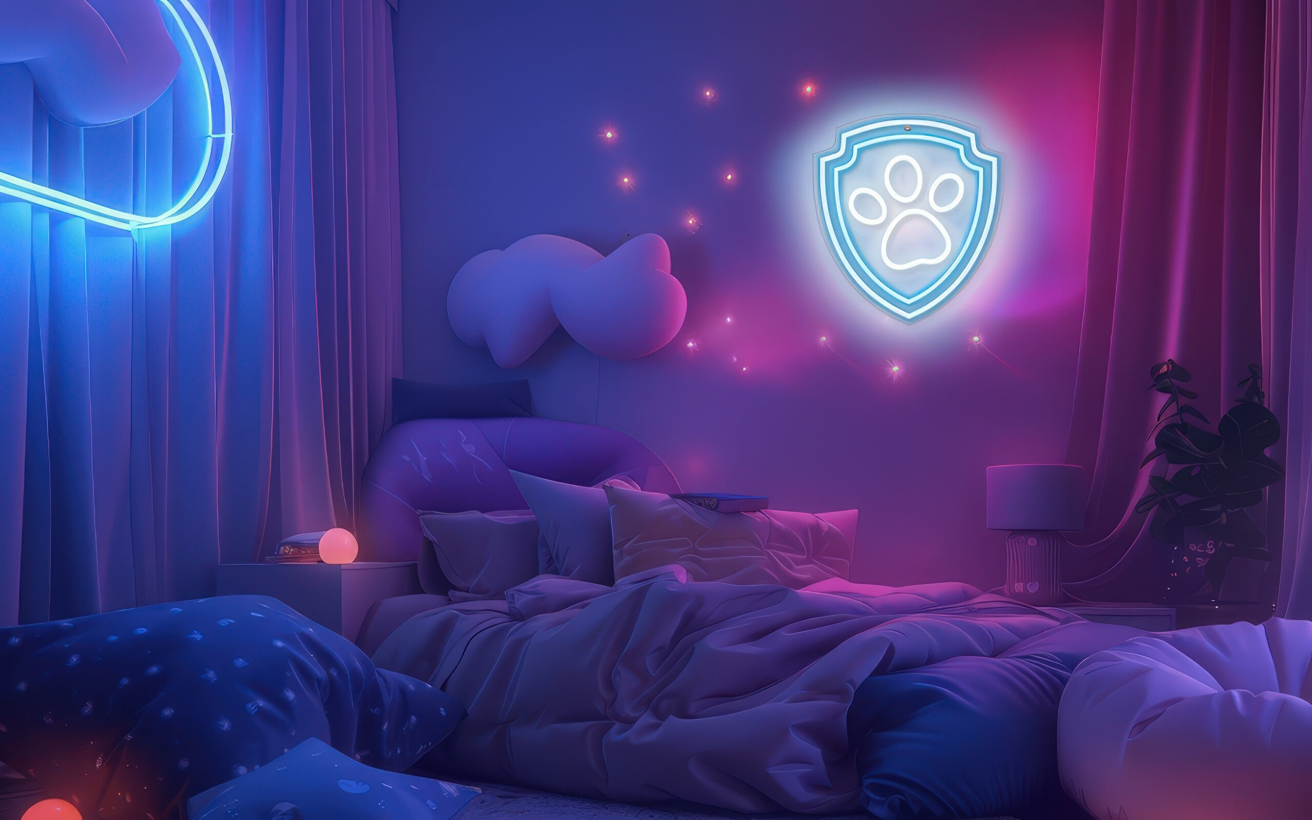 Sypialnia oświetlona neonem z łóżkiem, logo Psiego Patrolu, dekoracjami chmur i zasłonami. Pokój jest fioletowy.