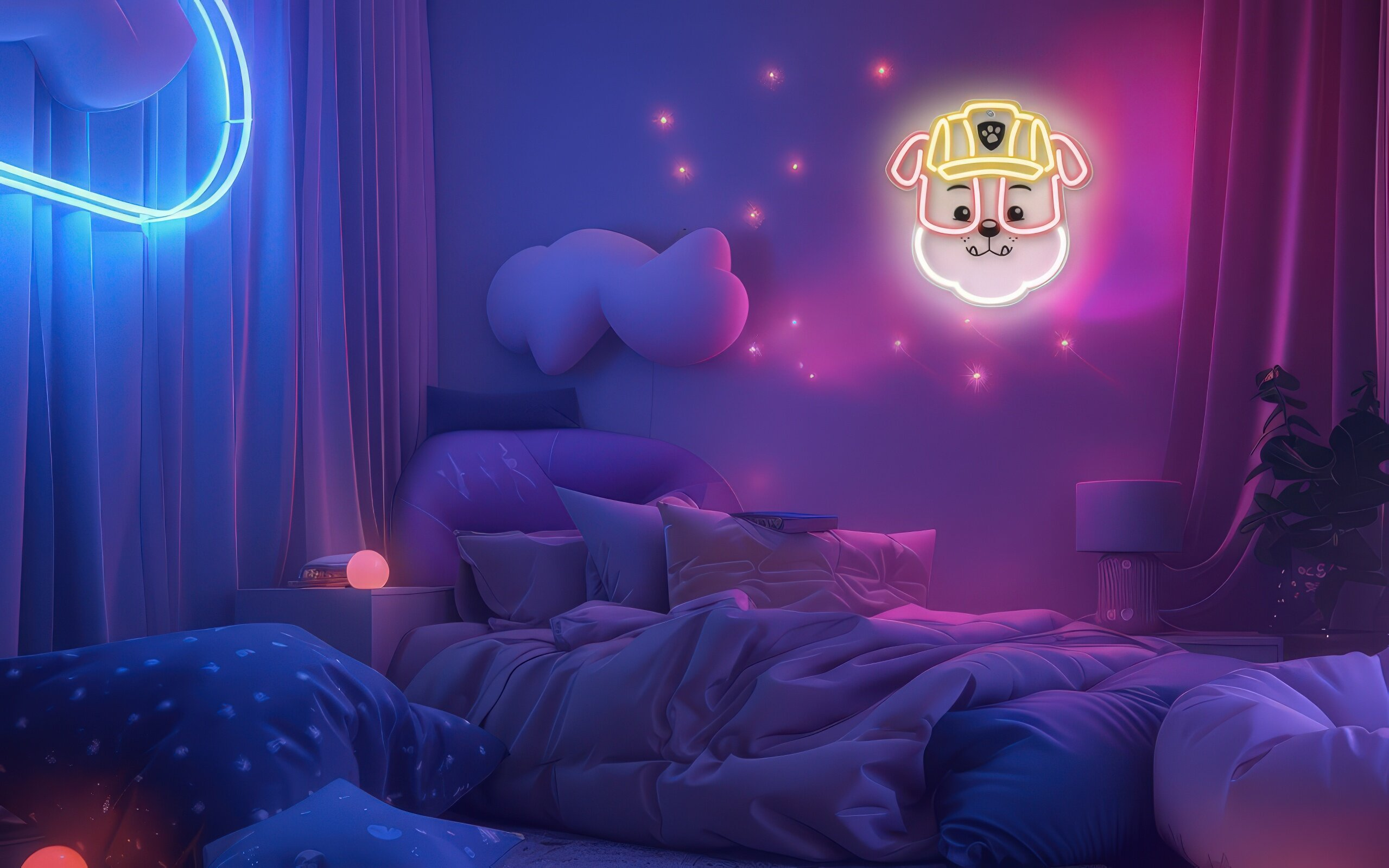 Neonowa głowa psa zdobi sypialnię z łóżkiem. Pokój ma fioletowe i niebieskie oświetlenie.