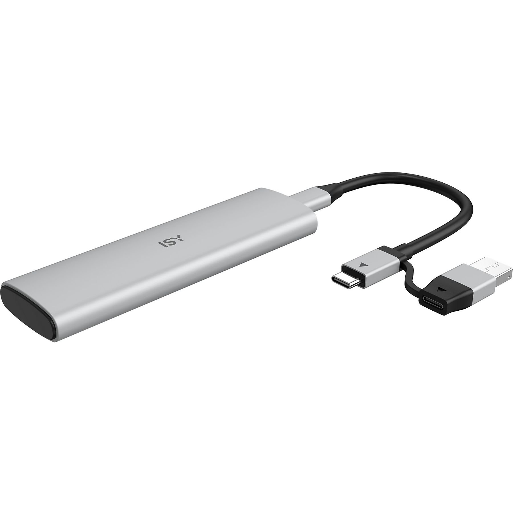 Srebrny adapter USB-C ISY z czarnym kablem i złączami USB. Tło jest białe.